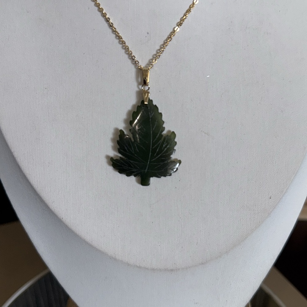 Carved Jade Leaf Pendant Necklace - Picture 2 of 4